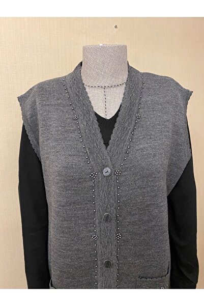 TEK Anthracite Colored Stylish Patterned Beaded Mother Vest - Pearl Detailed