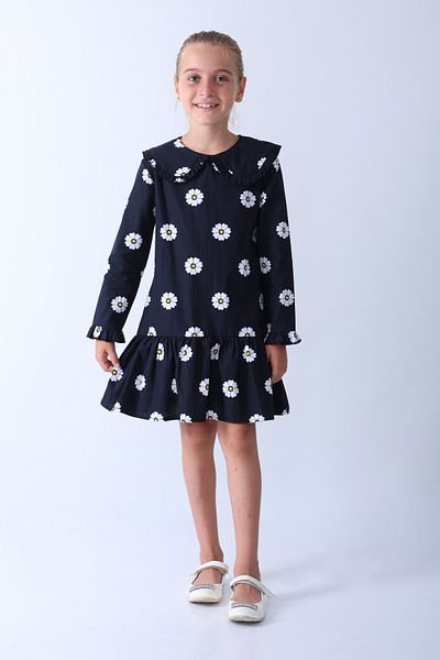 piamini Girl's Daisy Patterned Long Sleeve Woven Dress
