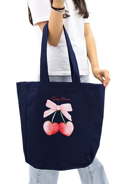 ICONE BAG Geantă tote pentru femei cu imprimeu cireș albastru închis - pentru mână și umăr