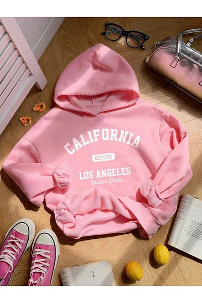 MORNİNG KİDS Hanorac roz pentru fetiță cu glugă - imprimat California