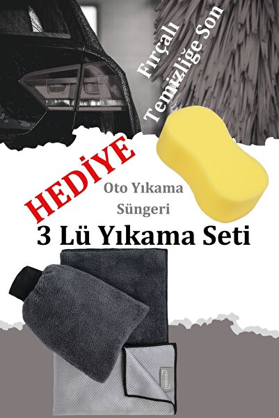 vosvera 3' Lü Antrasit Yıkama Seti Araba Yıkama Eldiveni 40x40 cm Kurulama Ha...