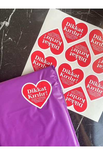 Hayal.kirtasiyesi Attention fragile shipping label 7 cm 20 pieces, heart cut shipping sticker, warning sticker