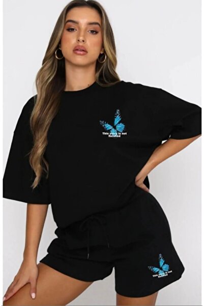 LEONE KOLEKSİYON Set de pantaloni scurți negru cu imprimeu fluture albastru