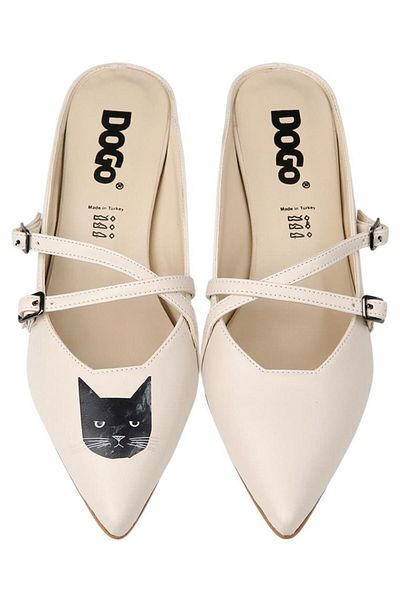 Dogo Papuci cu toc crem din piele vegană pentru femei - Whiskers and Purrs Design