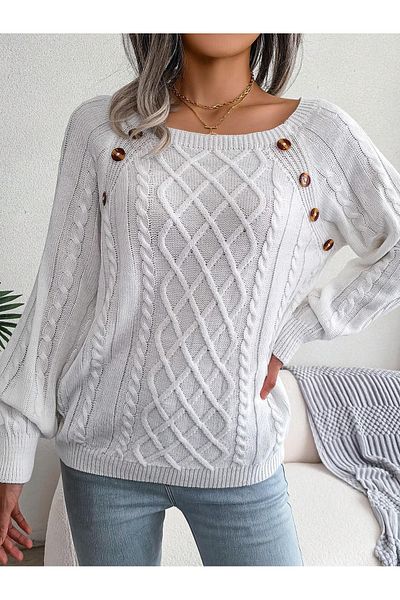 AQE FASHION Pulover alb de tricotaje de damă, tricot de păr, cu model, cu nasturi