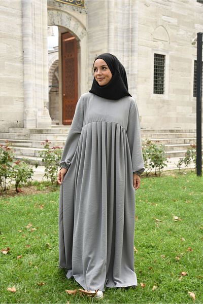 Nowa Scarf Pleated Zippered Aerobin Fabric Hijab Ferace/Dress - Gray