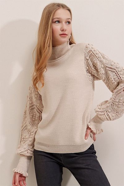 AQE FASHION Pulover de damă cu jumătate de gât cu ciucuri, cu detaliu din dantelă