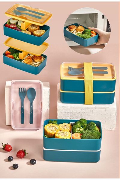 Bayev Green 2-Tier Lunch Box - 1003 Compartment Lunch Box with Fork and Spoon
