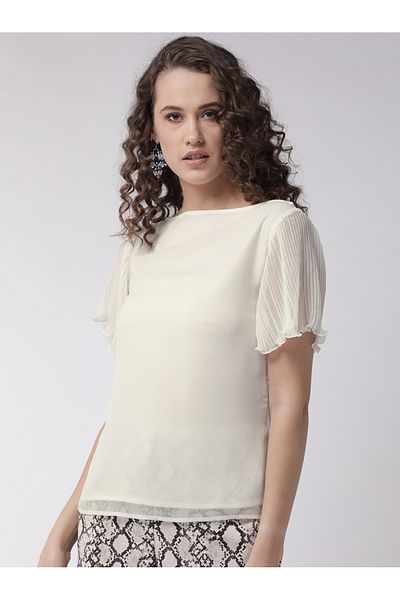 Mish By Styli Solid Boat Neck Top with Plisse Sleeves