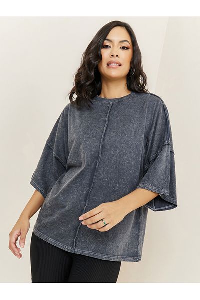 Styli Oversized Exaggerated Sleeve Washed T-Shirt with Exposed Seam