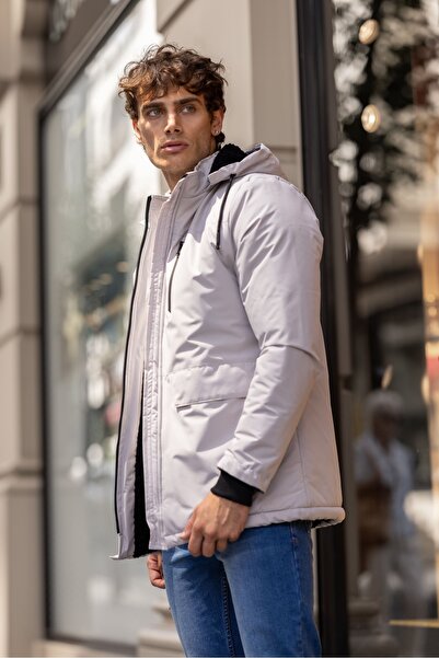 Decas White Mega Waterproof Stand Collar Fur Men's Hooded Coat