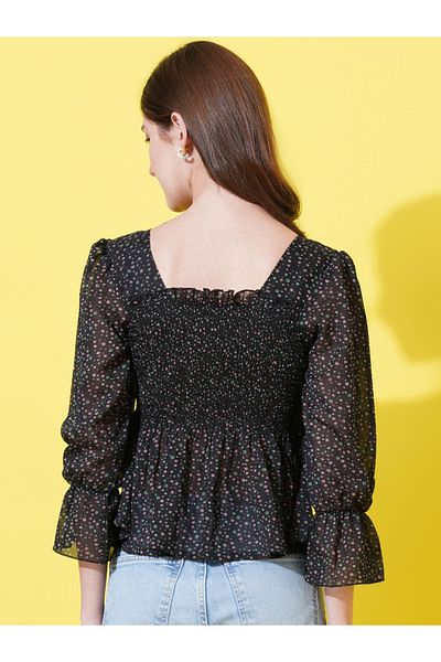 U&F By Styli بلوزة جورجيت بطبعة ديتسي مع تطريز على شكل ببلوم