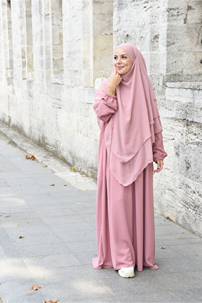 Nowa Scarf Pileli Fermuarlı Aerobin Kumaş Tesettür Ferace/Elbise - Gül Kurusu