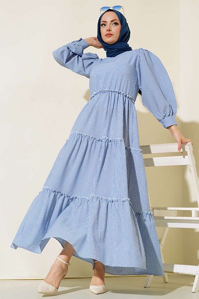 HARMONY GLOBAL Indigo Blue Sue ριγέ φόρεμα με πλισέ Seersucker Muslin ύφασμα Hijab 3025