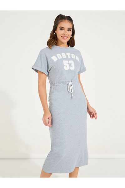 Styli Varsity Print T-Shirt Midi Dress with Side Slit