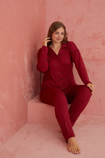 ELİTOL Burgundy Heart Patterned Long Sleeve Bamboo Pajama Set - Front Buttoned