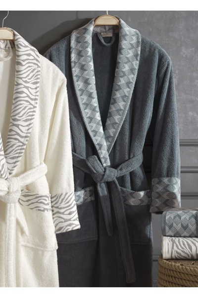 Dantela Mery 6'lı Jakarlı Pamuk Bornoz Seti - Krem/petrol