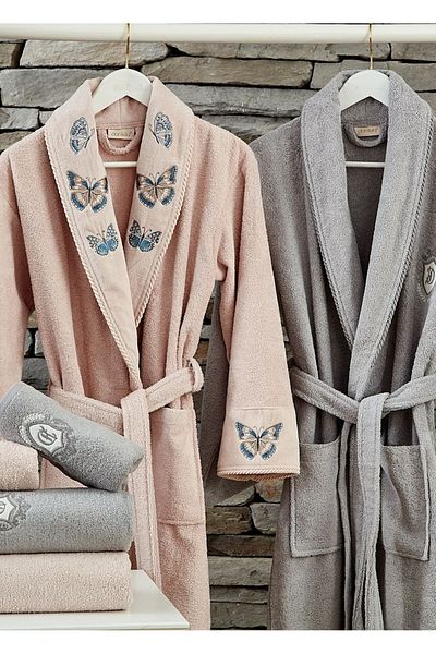 Dantela Cotton Family Bathrobe Set - Butterfly 6 Pieces, Powder/Grey