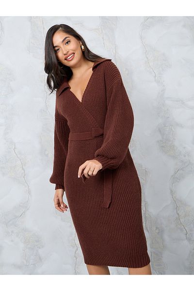 Styli Fuzzy Sweater Midi Dress with Tie Belt