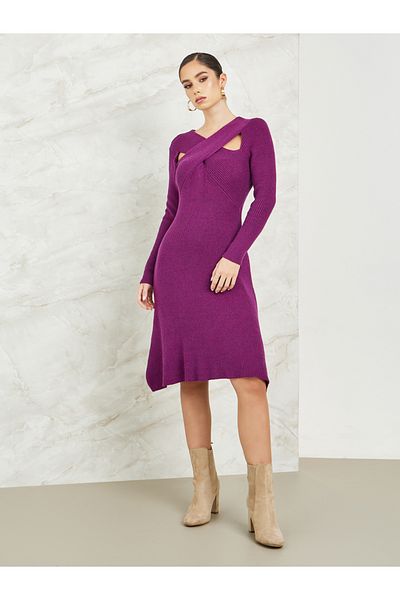 Styli Cross-Over V Neck Knitted Sweater Dress