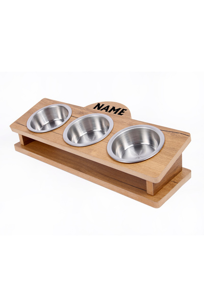 MH MiniHediye Ahşap Özel Isim Baskılı 3'lü Kedi Köpek Mama Su Kabı Standı Met...