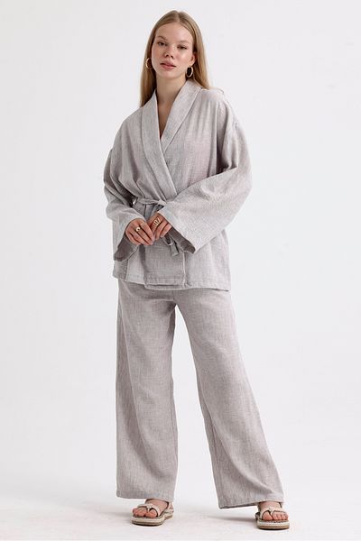 MD trend Linen Suit - Spanish Sleeve, Belted Jacket and Lace-up Palazzo Trousers