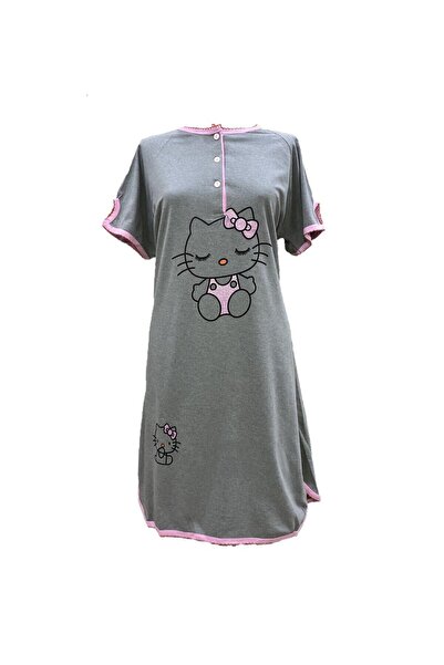 ATINÇ Women's Short Sleeve Cat Nightgown Gray
