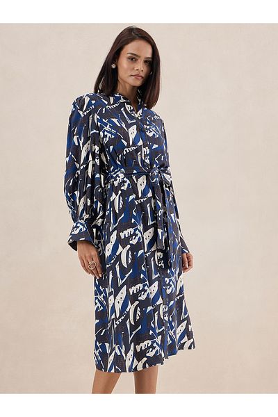 Femmella By Styli Abstract Print Tie Belt Midi Dress