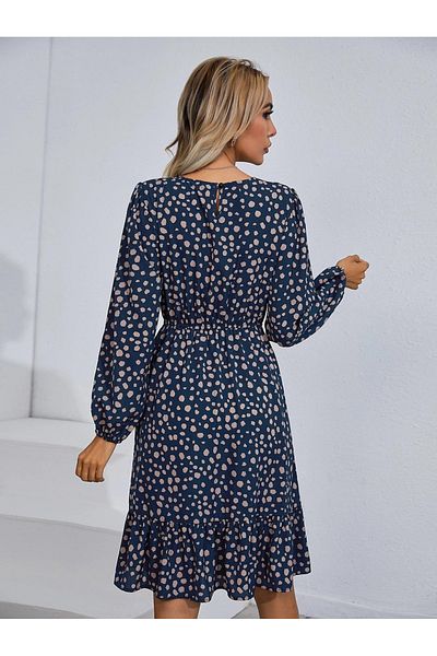 Kotty By Styli Spot Print Long Sleeves A-Line Knee Length Dress