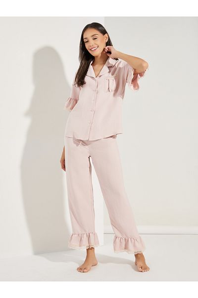 Styli Textured Ruffled Hem Lace Detail Shirt & Pyjama Set