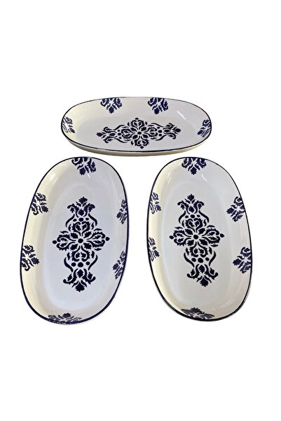 MTD SERAMİK 27 Cm Nettle Blue Patterned Boat Plate - 3 Pieces