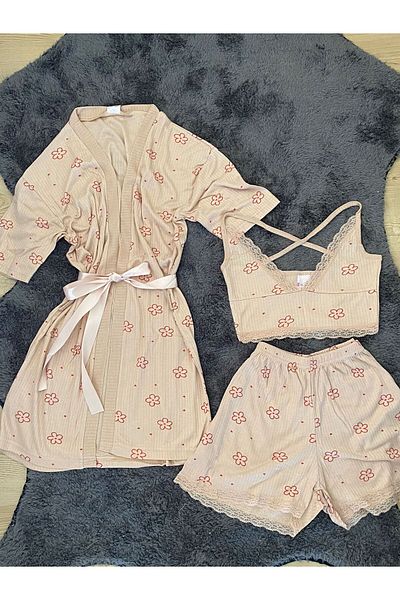 şıklık durağı 3 Pieces Pegasus Summer Shorts and Dressing Gown Set
