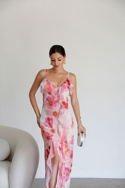 Julishop Julidress Maxi Length V-Neck Premium φόρεμα - Πολύχρωμο και στάμπα, λεπτομέρεια με βολάν με λουράκι, με φόδρα