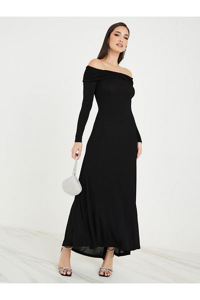 Styli Off Shoulder Soft Shiny A-Line Maxi Dress