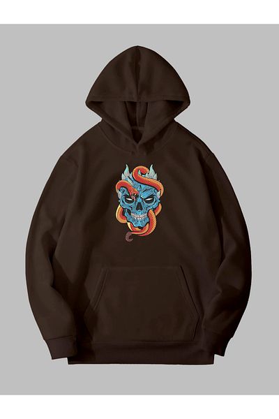 Harmandar Unisex καφέ φούτερ - Τρεις κλωστές, στάμπα κρανίου φιδιού, τσέπη καγκουρό και κουκούλα