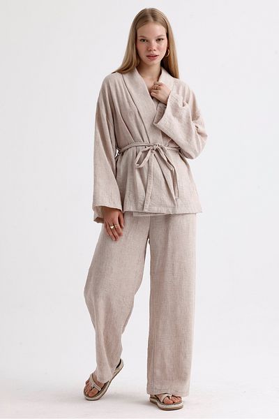 MD trend Linen Suit - Spanish Sleeve, Belted Jacket and Lace-up Palazzo Trousers