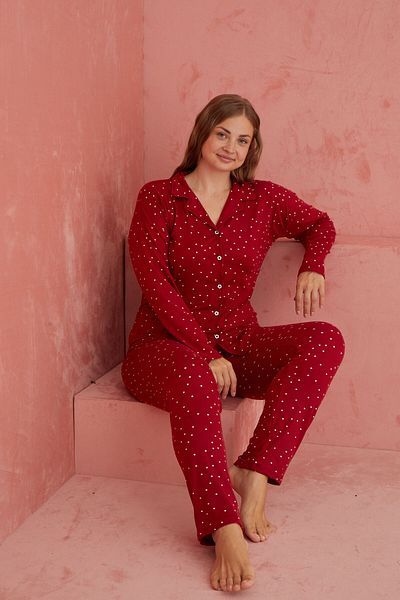 ELİTOL Bamboo Long Sleeve Pajama Set - Claret Red Point Patterned, Front Buttoned