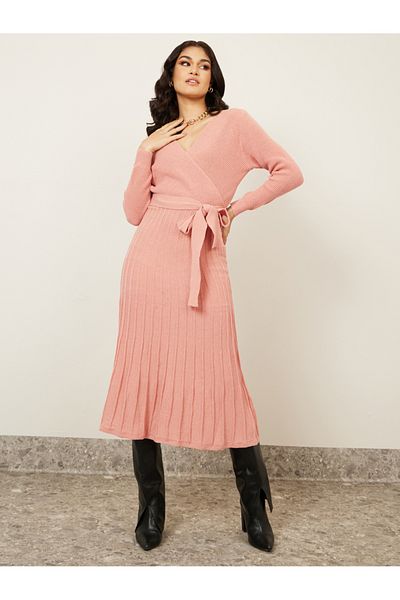 Styli Textured Knit Tie Belt Sweater Midi Dress