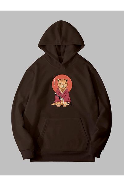 Harmandar Hanorac cu glugă unisex cu imprimeu Samurai Cat - maro, hanorac cu buzunar cangur