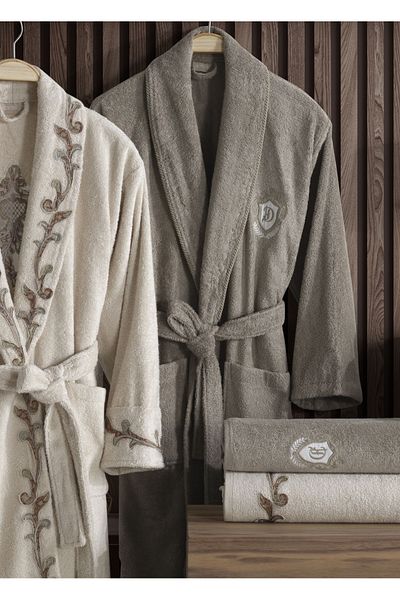 Dantela Karya 6 Piece Bamboo Family Bathrobe Set - Beige/Brown