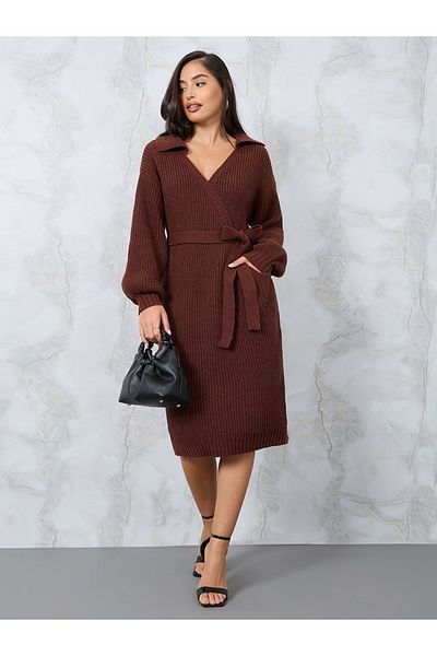 Styli Fuzzy Sweater Midi Dress with Tie Belt