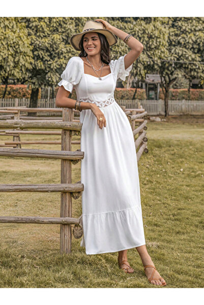 Russty Dustty By Styli Lace Insert Square Neck Maxi Dress with Puff Sleeve