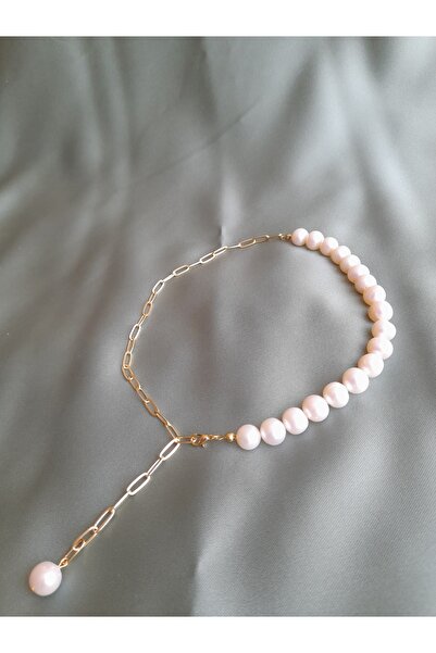 Tasarım Altın Kaplama Ataç Zincirli Tasarım Hakiki İnci Kolye