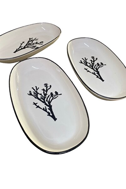 MTD SERAMİK 27 Cm Sycamore Patterned Boat Plate - 3 Pieces