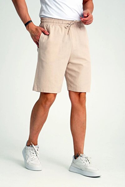 MERİCEY Erkek Beli Bağcıklı Bej Pamuk Keten Şort