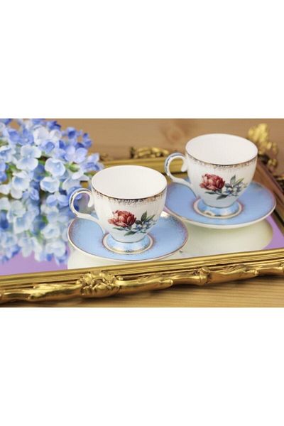 Luyano Rose Blue 2-Piece Coffee Set New Bone China Cup Set Round Porcelain Artificial Bone Ash Calcium