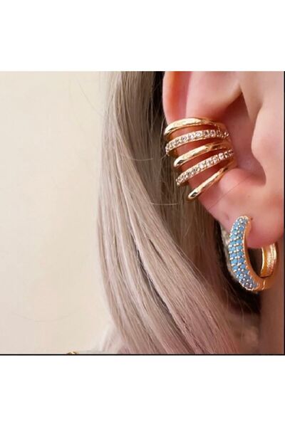 AychaAksesuar Gold Renkli Araları Taşlı Sıkıştırmalı Kıkırdak Küpe Ear Cuff