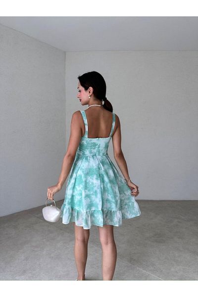 popibutik Green Chiffon Mini Dress - Pleated Skirt with Glopes and Thick Straps