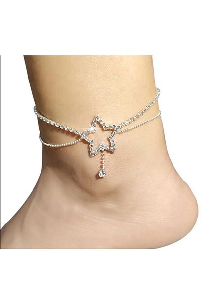 Furtek Aksesuar Women's Star Figure Silver Zircon Stone Foot Anklet Model Tarnish-free Chain Adjustable Anklet