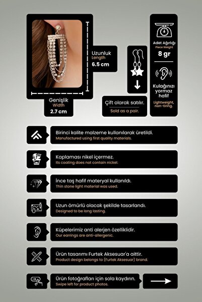 Furtek Aksesuar Kadın Aparejo Model Gümüş Sallantılı Kristal Taşlı Günlük Abiye Elbise Gelin Düğün Kına Söz Küpe